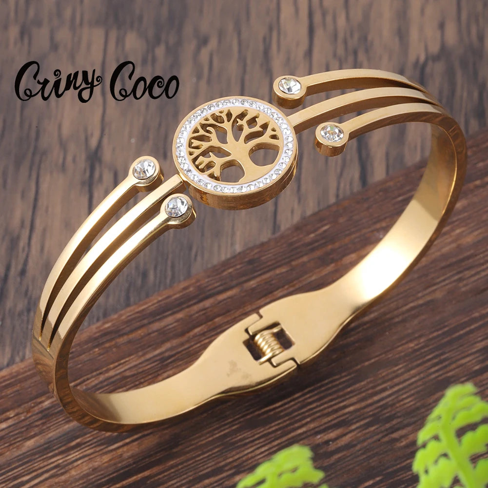 Women's Bangle Stainless Steel Jewelry Tree of Life Plant Cuff Bracelet Female Bangles for Women - Image 1