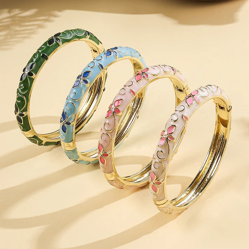 Ftcy Flower Pattern Enamel Cloisonne Bracelet For Women Retro Gold Color Plated Bangles for Girls Women Jewelry Gifts - Image 1