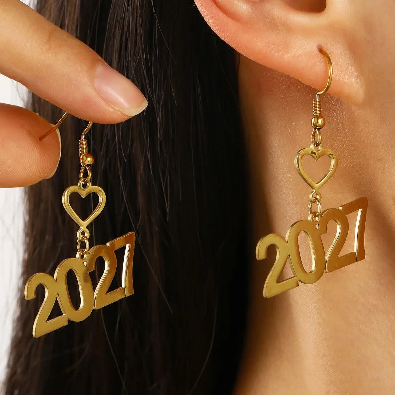 Number Heart Dangle Earrings Stainless Steel Hollowed-out Digital Rhinestone Earrings for Women Year Graduation Jewelry - Image 1