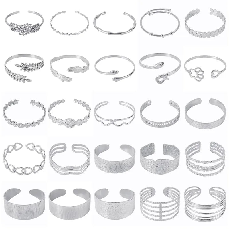 Metal Silver Color Heart Animal Snake Hand Hug Flower Leaf Bangles Bracelets For Women Girl Jewelry Stainless Steel Bangle Gift - Image 1
