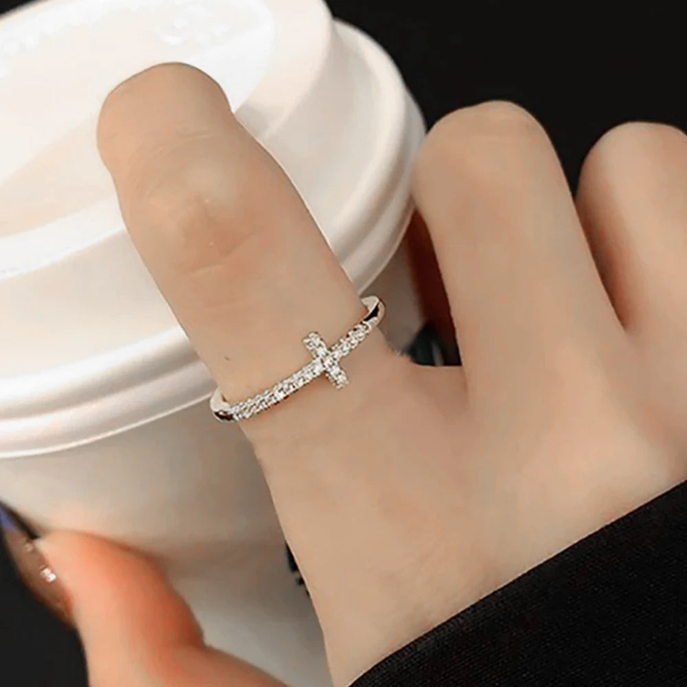 Thin Cross Accent Ring with Cubic Zirconia in Sizes 5 to 10 - Image 1