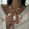French Style Baroque Imitation Pearl Torque Necklace Bangle Ring Set For Women Punk Gold Silver Color Clavicle Jewelry Set - Image 1