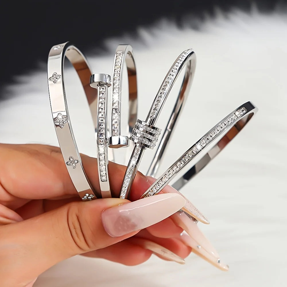 Stainless Steel CZ Bangle Bracelet for Women Silver Plated Clover Open Cuff Bangles No Fade Jewelry - Image 1