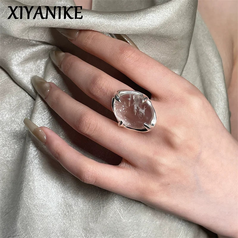Xiyanik Geometric Transparent Crystal Adjustable Open Rings For Women Korean Jewelry Gift Party - Image 1
