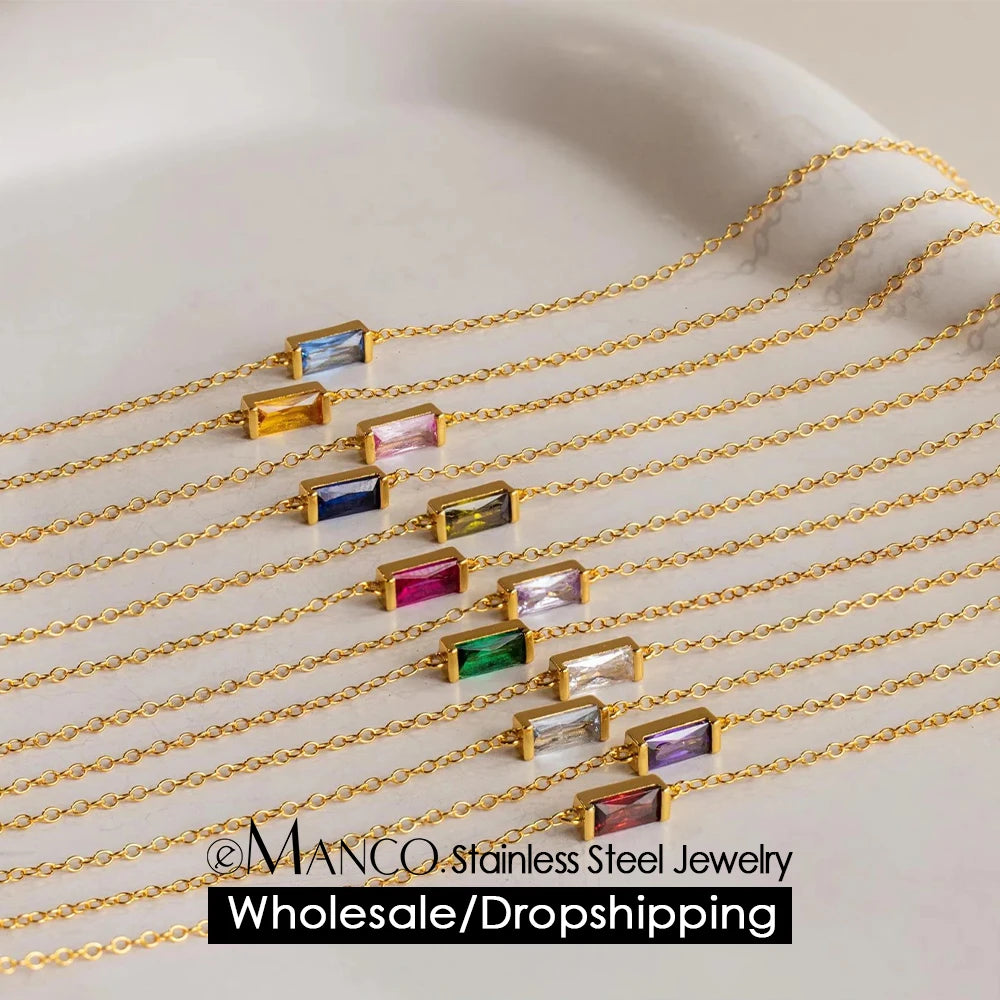 Stainless Steel Bangle 7 3MM Square Birthstone Bracelet Sparkling Rhinestone Accessories Gift - Image 1