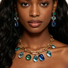 Multi Color Blue And Green Crystal Jewelry Set Gold Tone Link Necklace And Tiered Drop Earrings Statement Jewelry For Womens - Image 1
