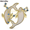 Zodiac Pisces 2 Dolphins Shell Brooch Pins Blue and Clear Crystal Animal Badge JewelryGift For Suit and Dress - Image 1