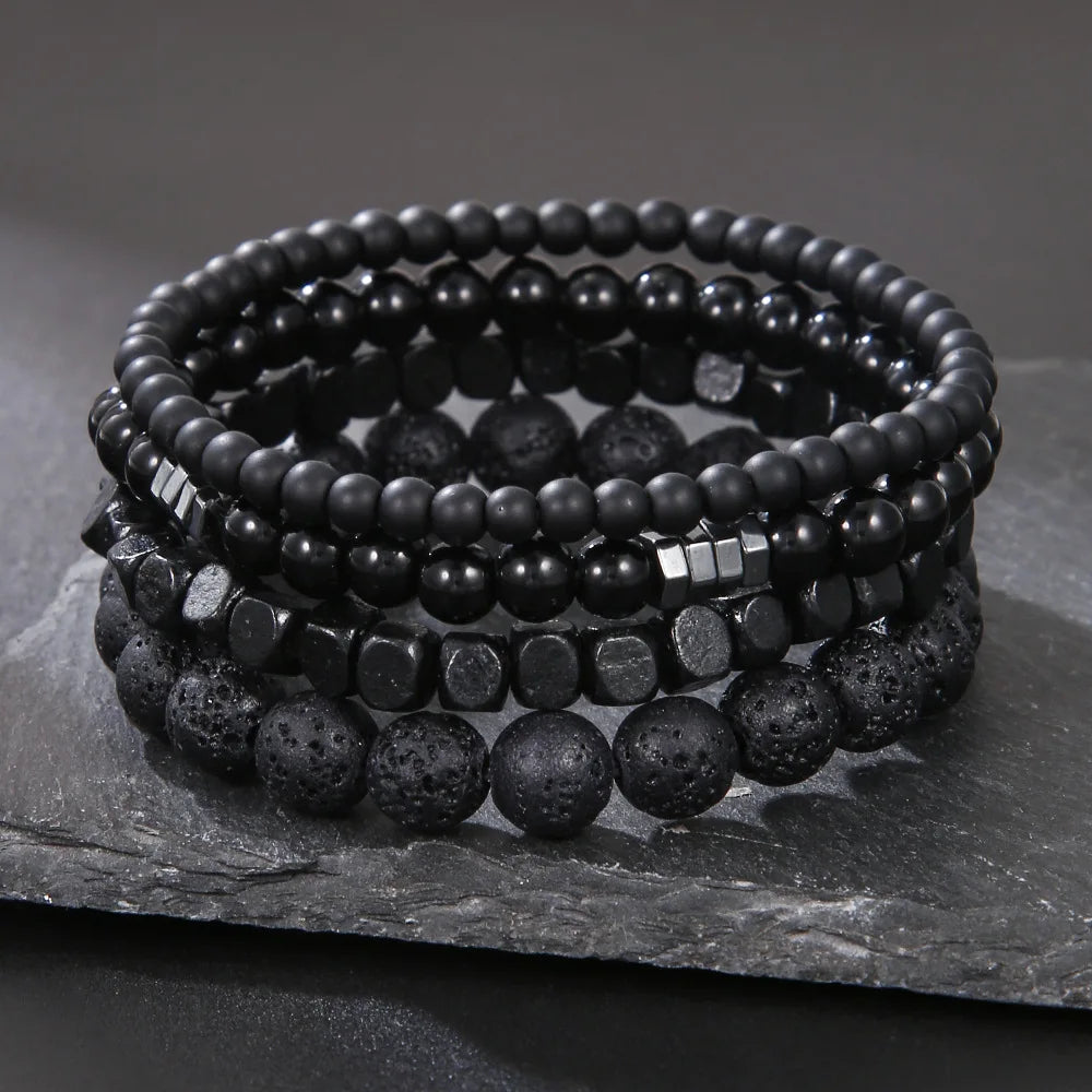 4Pcs/Set Black Gall Stone Volcanic Stone Wood Beads Multi-layer Men's Combination Elastic Bracelet For Couple Friends Jewelry - Image 1