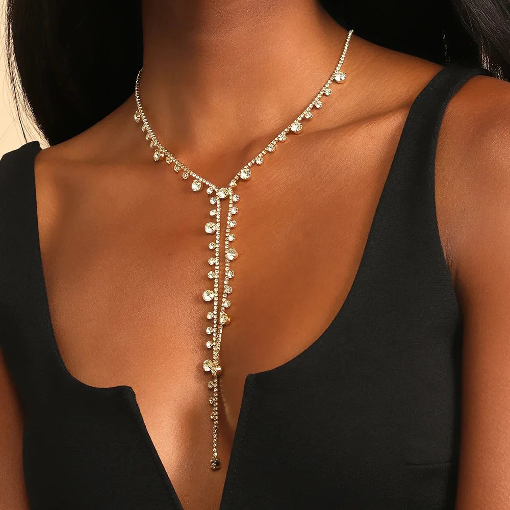Shiney Rhinestone Choker Chain Necklace Party Girls Long Collar Knot Tassel Necklace Luxury Statement Necklace Jewelry for Women