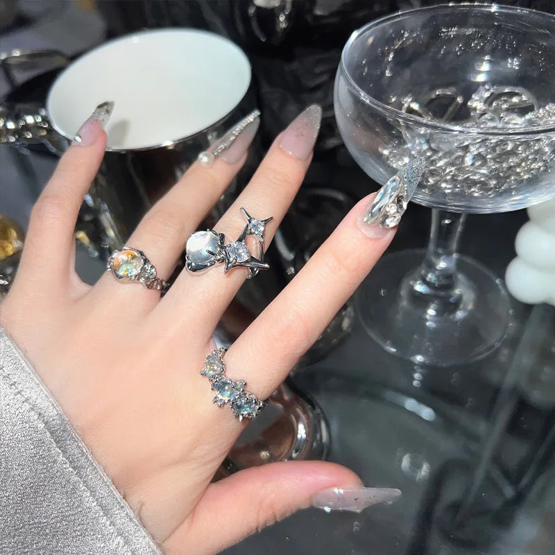 Shiny Rhinestone Cross Star Ring for Women Couples Open Crystal Vintage Finger Ring Y2K Aesthetic Trendy Egirl Jewelry Gifts