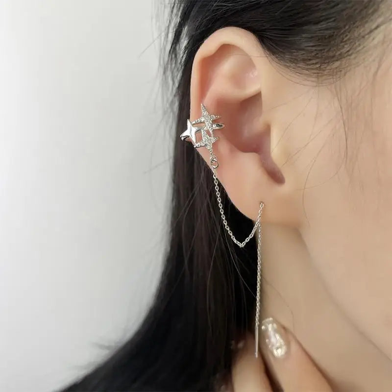 Silver Color Crystal Cross Star Non-Piercing Cuff Ear Clip Earring for Women Shiny Tassels Chain Fake Cartilage Piercing Jewelry