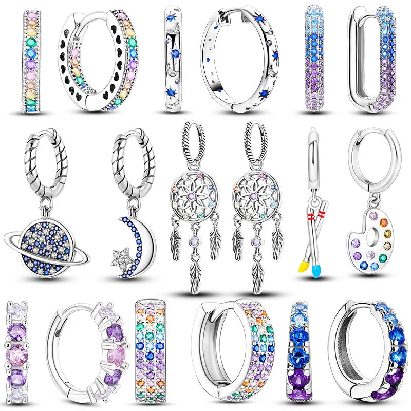 Silver Plated Hoop Earrings Moon Star Dreamcatcher Colored Zircon Fine Earring Jewelry Gift For Women
