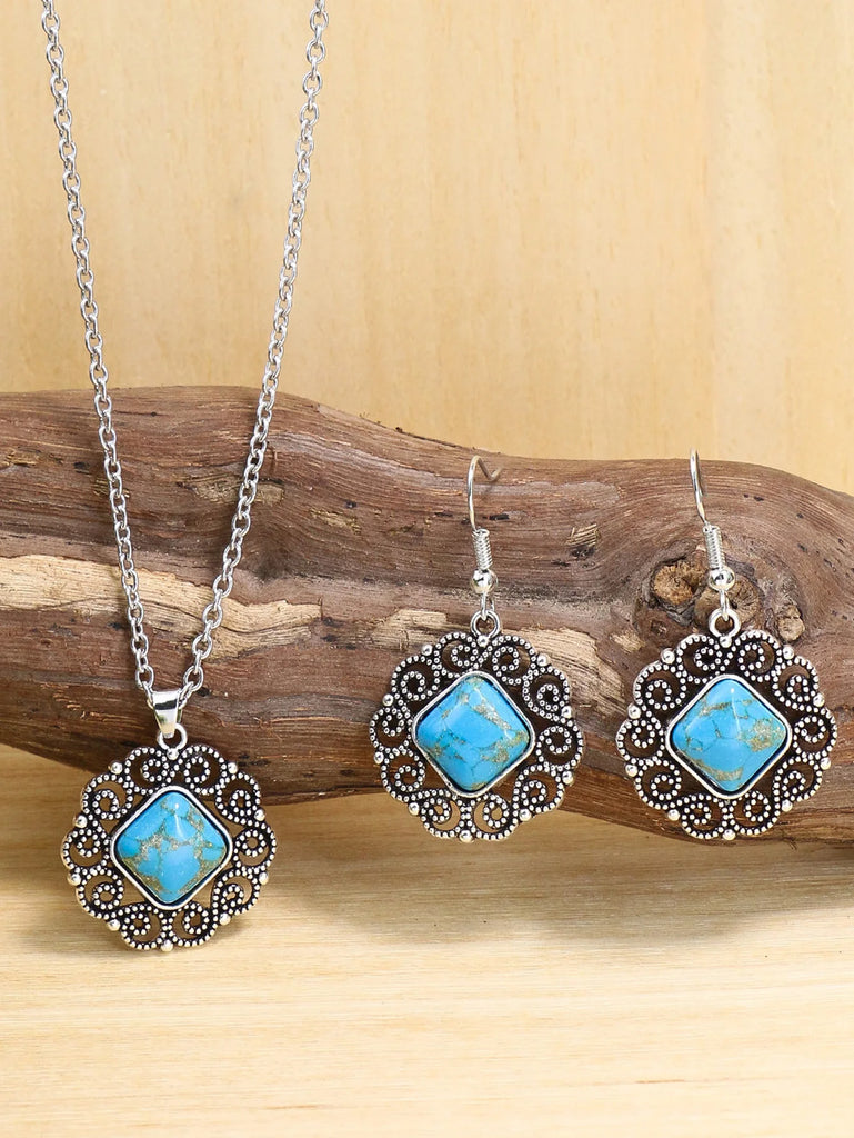 Simple 3pcs Jewelry Set Female Geometric Stone Inlay Accessor Charm Silvery Color Stud Earring For Women Classics Chain Necklace