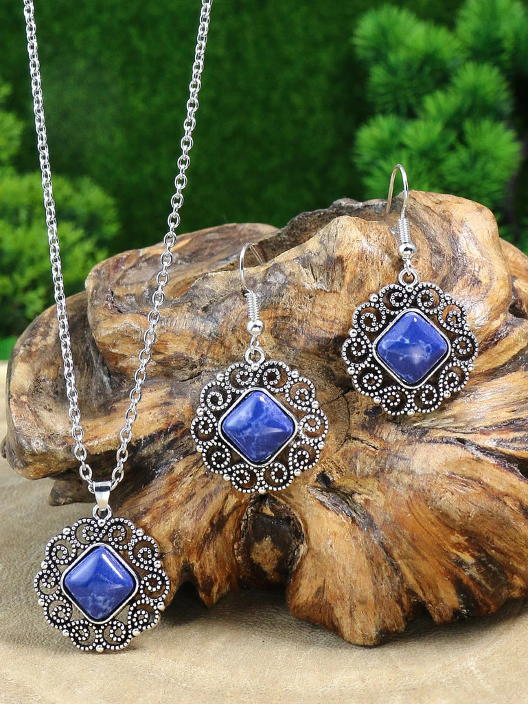 Simple 3pcs Jewelry Set Female Geometric Stone Inlay Accessor Charm Silvery Color Stud Earring For Women Classics Chain Necklace