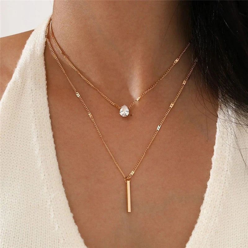 Simple Crystal Geometric Gold Color Pendant Necklace Set for Women Charms  Square Rhinestone Female Vintage Jewelry