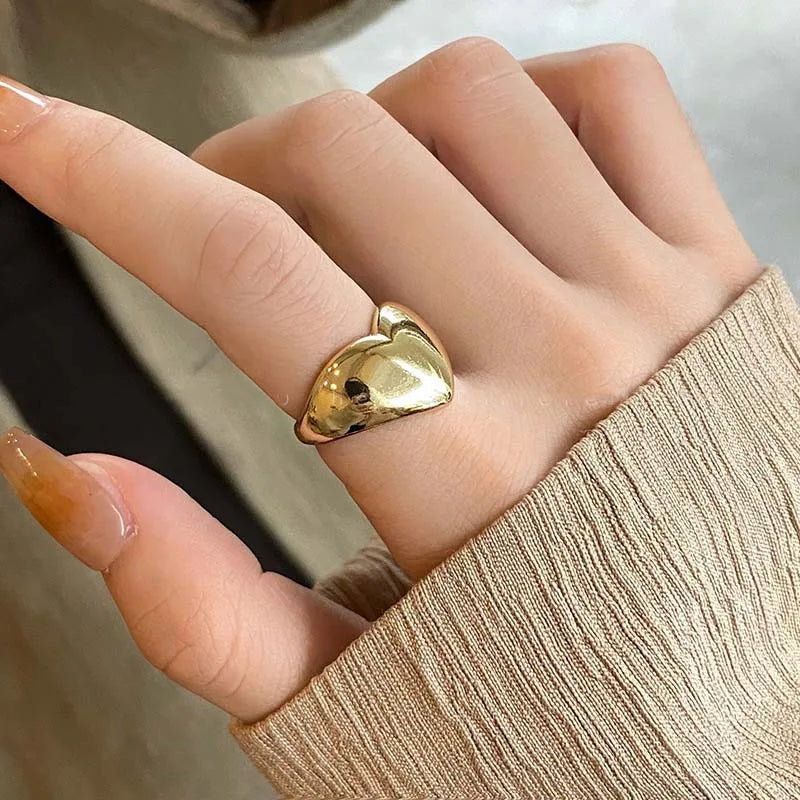 Simple Gold Color Plated Smooth Metal Heart Ring for Women Men Y2K Trendy Ring Korean Elegant Party Jewelry Couple Gifts
