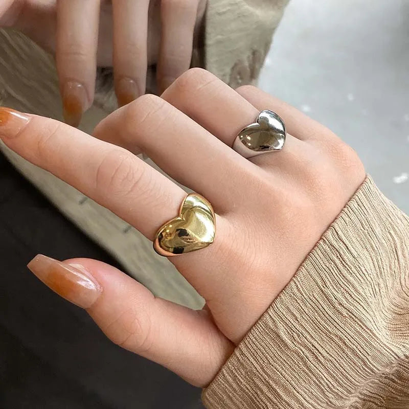 Simple Gold Color Plated Smooth Metal Heart Ring for Women Men Y2K Trendy Ring Korean Elegant Party Jewelry Couple Gifts