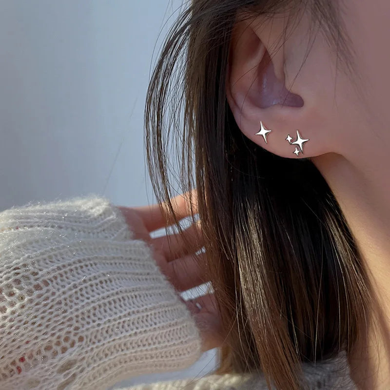 Simple Silver Color Asymmetric Four-Pointed Star Stud Earrings for Women 2022 New Cute Small Earrings Jewelry Party