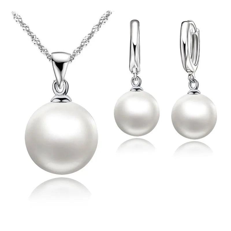 Smooth Women Wedding Jewelry Sets 925 Sterling Silver Color Pearl Necklace Hoop Earrings  Jewellery Gift Accessories