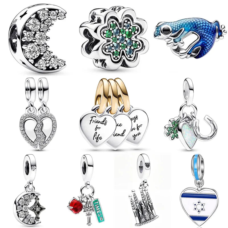 Sparkling Crescent Moon Dart Frog Clover Friendship Heart Pendant Bead 925 Sterling Silver Charm Fit Popular Bracelet Jewelry