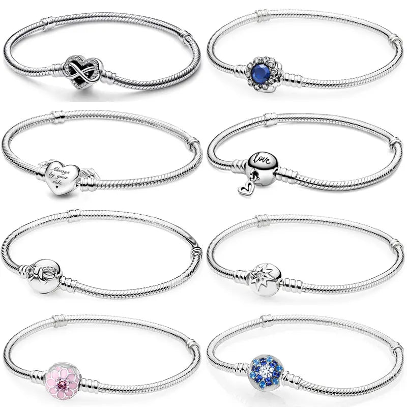 Sparkling Infinity Heart Brilliant Life Winged Heart Clasp Bracelet 925 Sterling Silver Bangle Fit  Bead Charm Jewelry