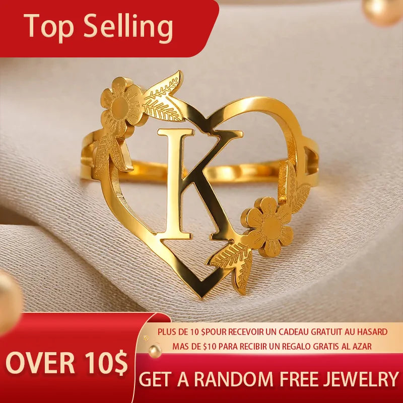 Stainless Steel Initials Flower Heart Rings Gold Color Adjustable Delicate Letter Leaf Rings For Women Girl Alphabet Jewelry