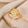 Stainless Steel Initials Flower Heart Rings Gold Color Adjustable Delicate Letter Leaf Rings For Women Girl Alphabet Jewelry