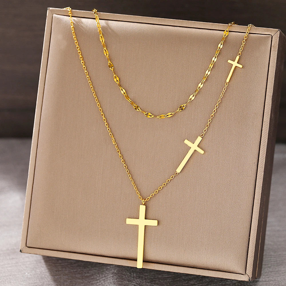 Stainless Steel Necklaces Cross Pendant Choker Multilayer Chain Double Stacked Wear Light   Fine Necklace For Women Jewelry