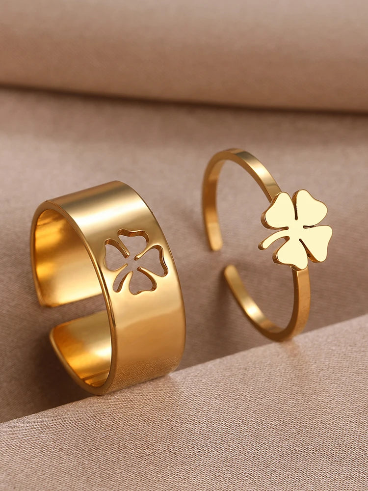 Stainless Steel Rings Trendy Vintage Clover  Adjustable Couple Ring For Women Jewelry Wedding Eachother Gifts 2Pcs/set