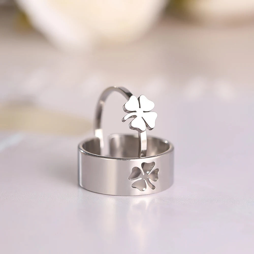Stainless Steel Rings Trendy Vintage Clover  Adjustable Couple Ring For Women Jewelry Wedding Eachother Gifts 2Pcs/set