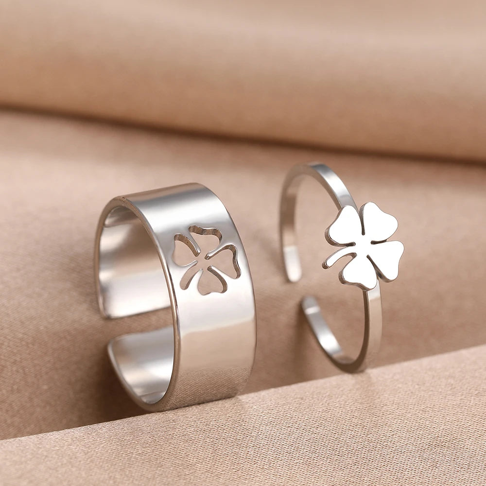 Stainless Steel Rings Trendy Vintage Clover  Adjustable Couple Ring For Women Jewelry Wedding Eachother Gifts 2Pcs/set
