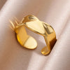 Stainless Steel Rings for Women 18K Gold Plated Couple Jewelry Aesthetic Accessorie Adjustable Punk Embossed Hollow Wide Ring