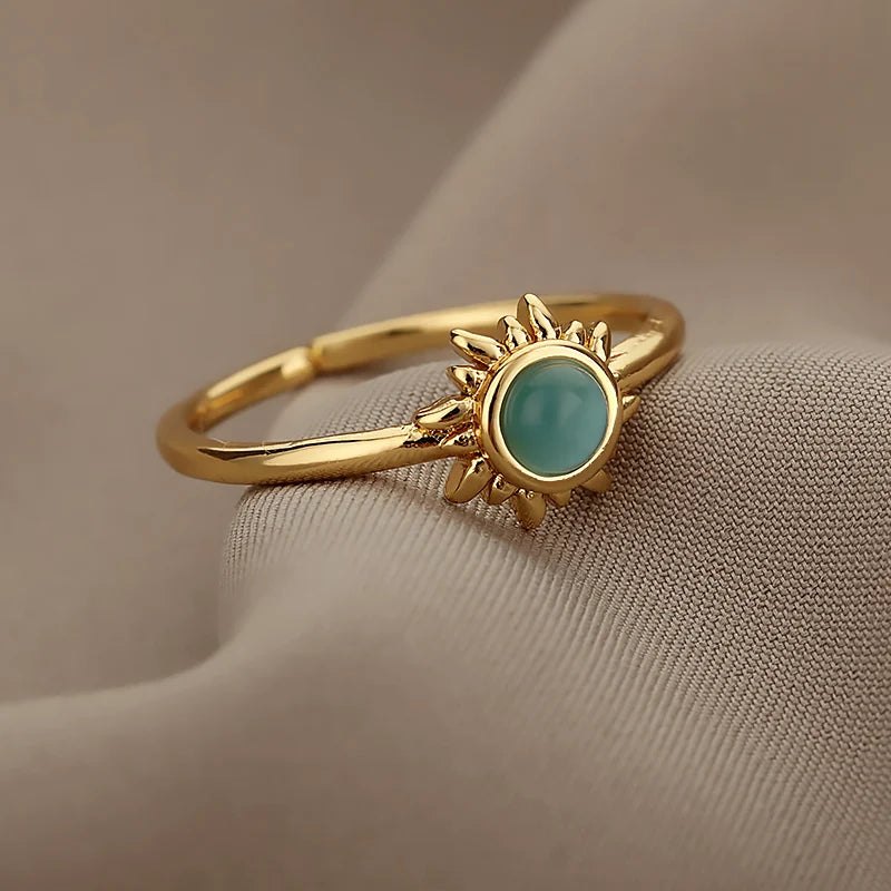 Stainless Steel Rings for Women Aesthetic Sunflower Gold Plated Wedding Couple Ring Jewelry Vintage Accessories