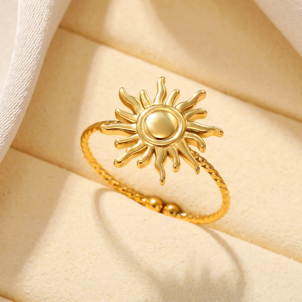 Stainless Steel Rings for Women Aesthetic Sunflower Gold Plated Wedding Couple Ring Jewelry Vintage Accessories