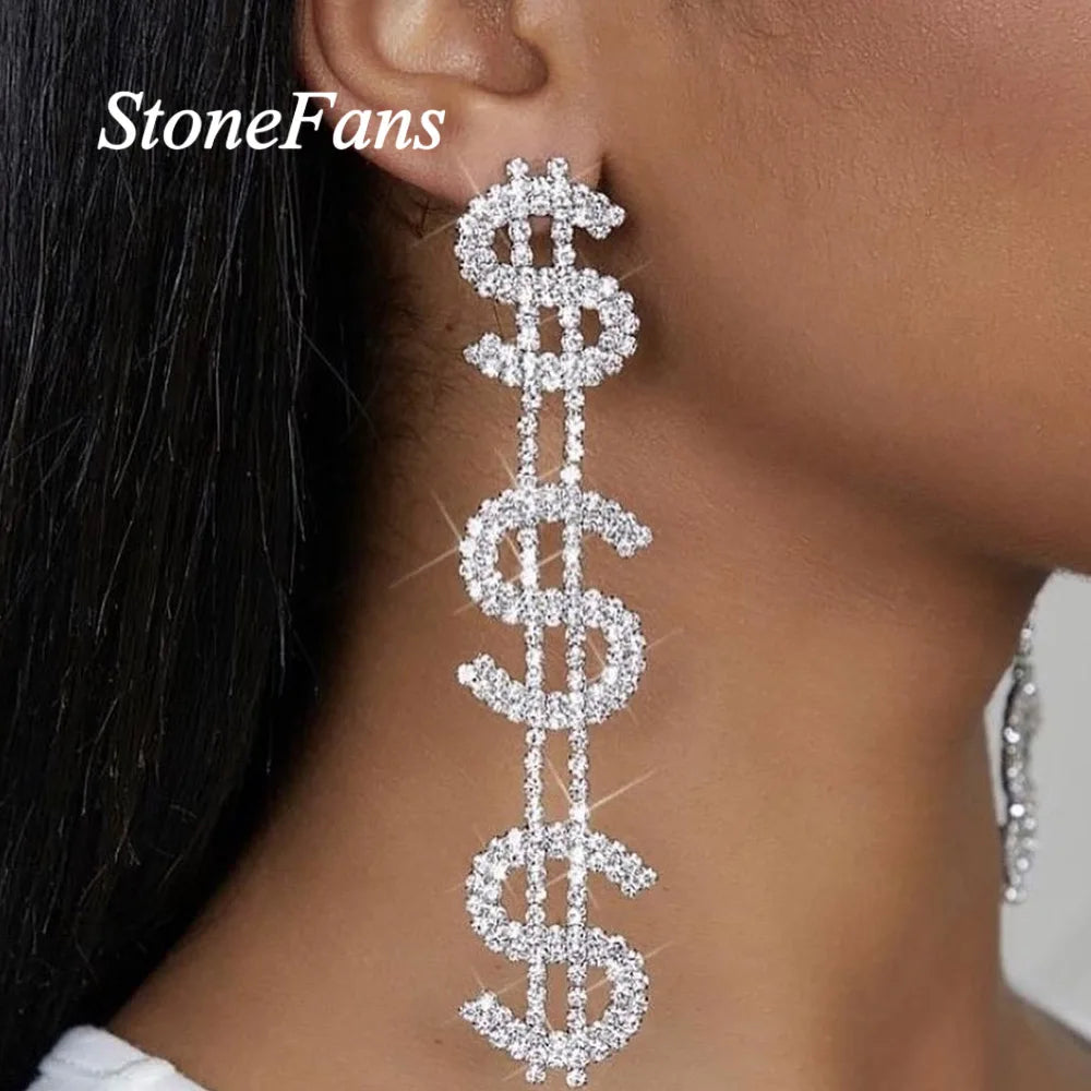 Stone Fans New Long Dollar Earring Retro Jewelry For Women Exaggerated Shiny Letter Rhinestone Earrings Accessories