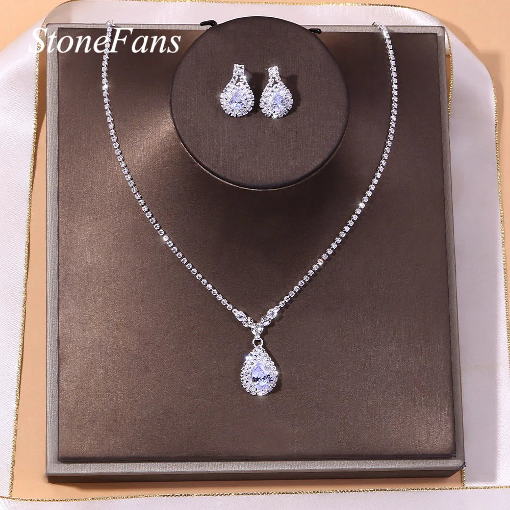 StoneFans Simple Crystal Water Drop Jewelry Set Necklace Set Cubic Zircon Charms Maxi Earrings Statement Wedding Jewelry Set