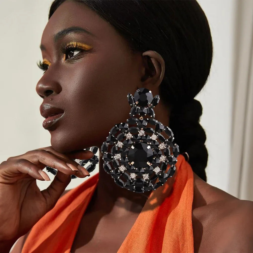 Stonefans Black Round Earrings Rhinestone Shiny for Women Jewelry Beauty Pageant Luxury Exaggerate Dangle Earrings Accessories