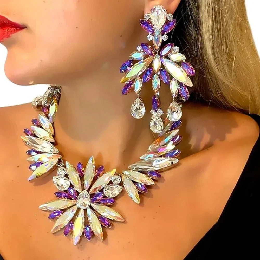 Stonefans Exaggerated Flowers Necklace Earrings Set for Women Wedding Party Statement Rhinestones Jewelry Set 2023 Accessories