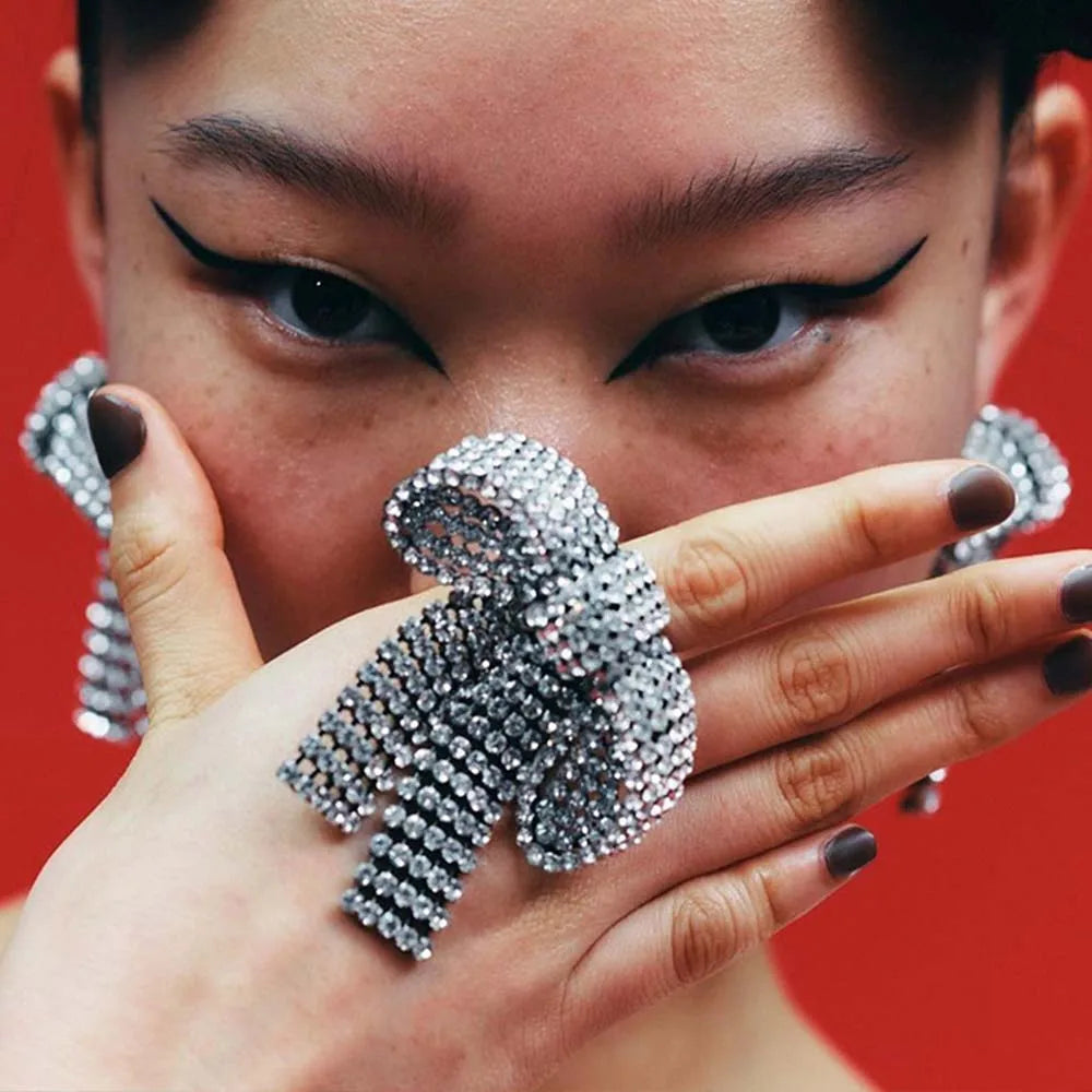 Stonefans Exquisite Crystal Large Bow Rings Wedding Finger Decoration Show Bling Rhinestone Open Ring for Women Engagement Gifts