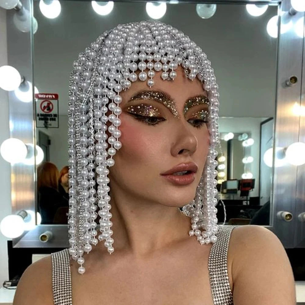 Stonefans Pearl Tassel Headpiece Cap Wedding Hair Accessories Indian Jewelry Elegant Bridal Head Chain Hat Women Prom