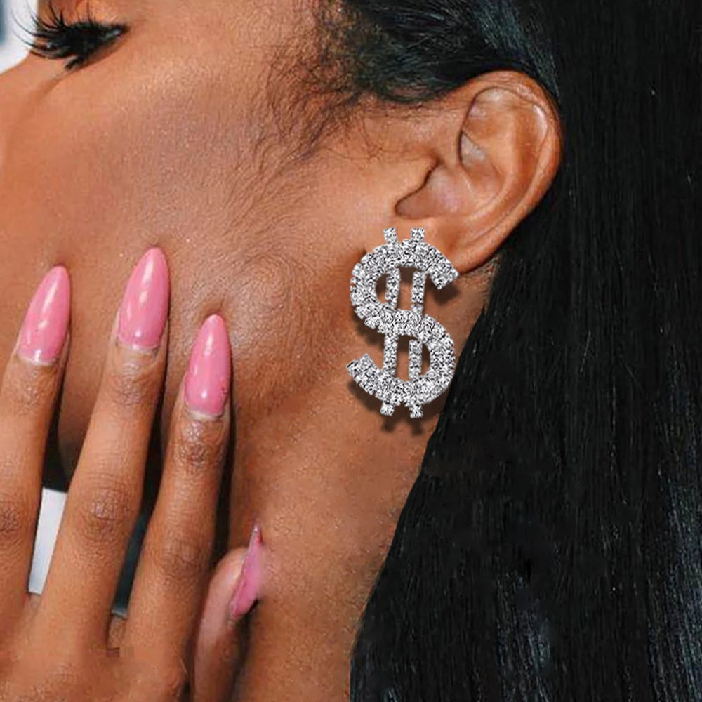 Stonefans Statement Women Rhinestone Dollar Sign Earrings Trend Jewelry Piercing Hanging Dangle Earrings Aesthetic