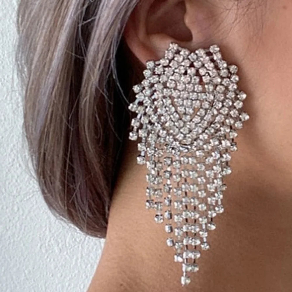 Stonefans Tassel Drop Earrings for Women Luxury Designer Geometric Rhinestone Dangle Earring Wedding Party Jewelry