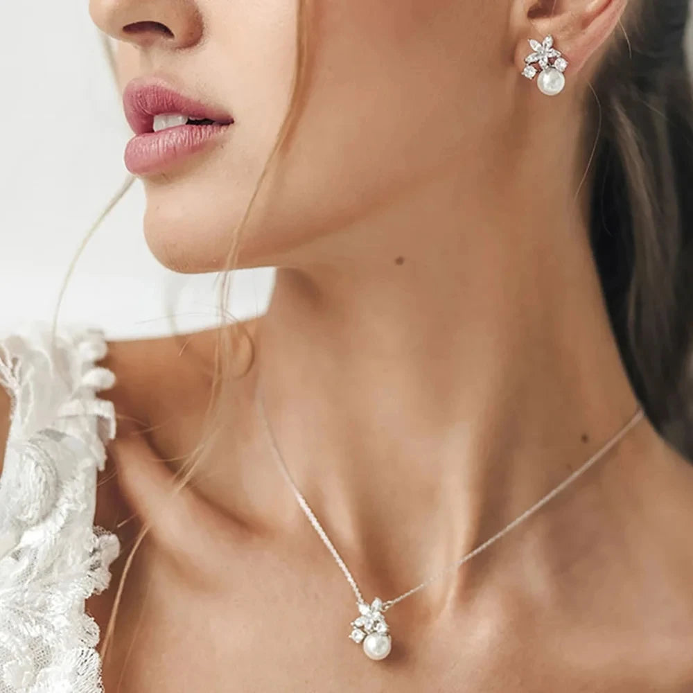 Stonefans Women Elegant Imitation Pearl Necklace Earrings Zircon Geometry Necklaces Bride Wedding Party Jewelry Set Gift