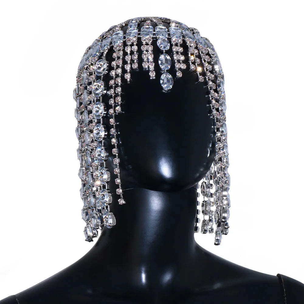 Stonefans Glitter Rhinestone Long Fringed Hair Chain Headband Hat Stage Performance for Women Headwear Headpiece Head Wig Chain