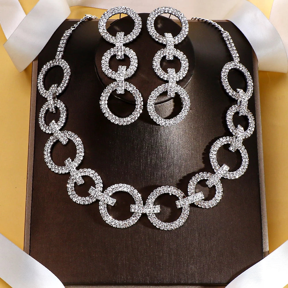 Stonefans Hollow Crystal Round Necklace Earrings Set African Wedding Charm Accessories Rhinestone Party Jewelry Sets for Women