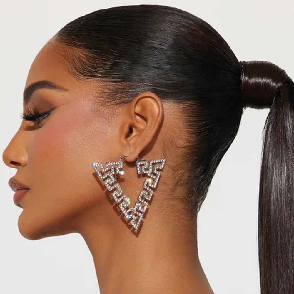 Stonefans Hollow Triangle Hoop Earrings Crystal Accessories for Women Jewelry Vintage Geometric Rhinestone Earrings Wedding