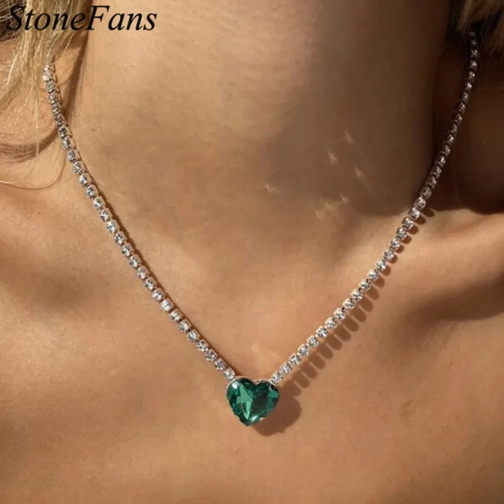 Stonefans Iced Out Bling Green Heart Choker Necklace for Women Adjustable Rhinestone Tennis Chain Love Necklace for Girlfriend