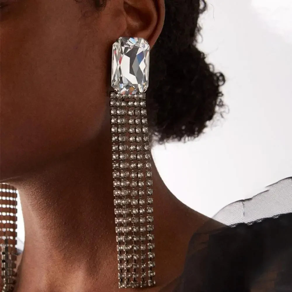 Stonefans Luxury Big Square Rhinestone Long Tassel Earrings for Women Party Jewelry Shiny Crystal Geometric Dangle Earrings