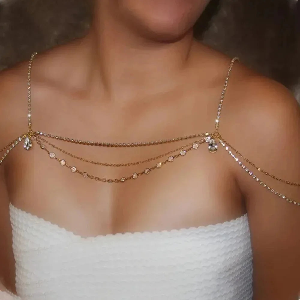 Stonefans Multi Layer Shoulder Chain Necklace Jewelry for Women Bride Multi Layer Rhinestone Shoulder Chain Body Harness Party
