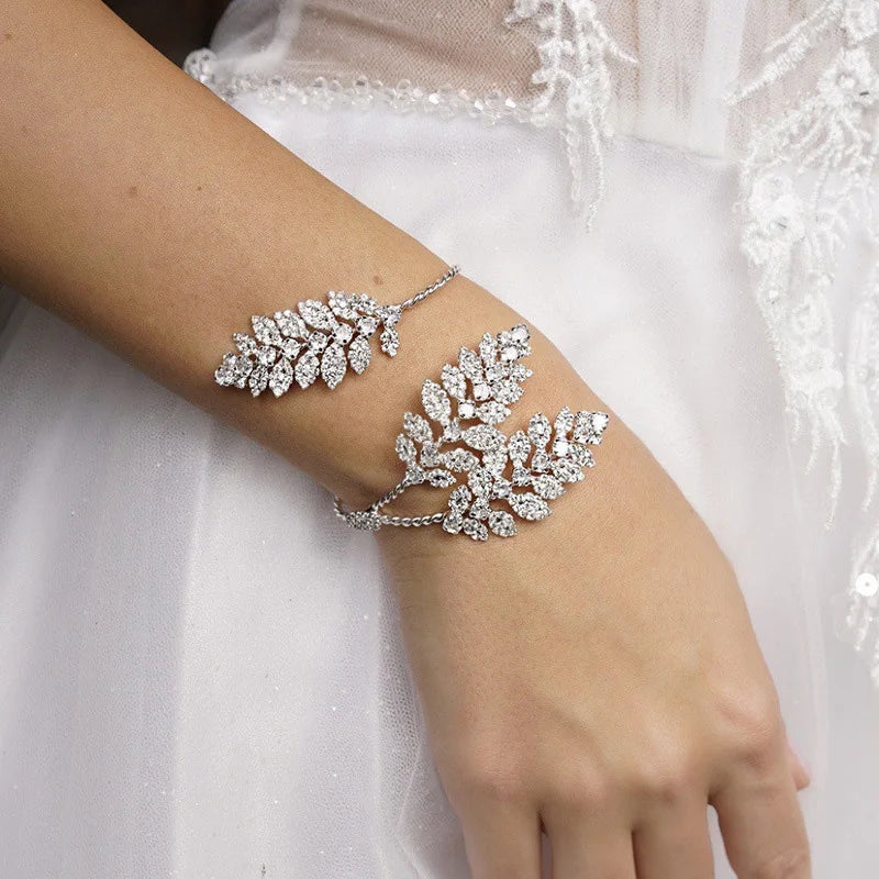 Stonefans New Bridal Rhinestone Leaf Cuff Bracelet Jewelry for Women Exquisite Wedding Bracelet Open Bangle Crystal Hand Jewelry